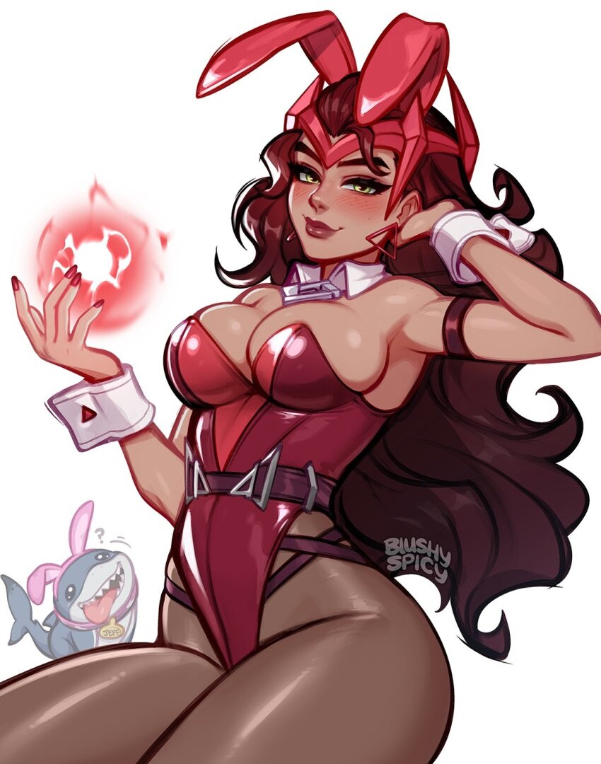 1girl animal_ears animification avengers_(series) blushyspicy breasts brown_hair detached_collar fake_animal_ears highleg highleg_leotard highres jeff_(marvel) jewelry leotard long_hair looking_at_viewer magic marvel marvel_rivals medium_breasts pantyhose playboy_bunny rabbit_ears scarlet_witch simple_background smile solo strapless strapless_leotard wanda_maximoff wrist_cuffs