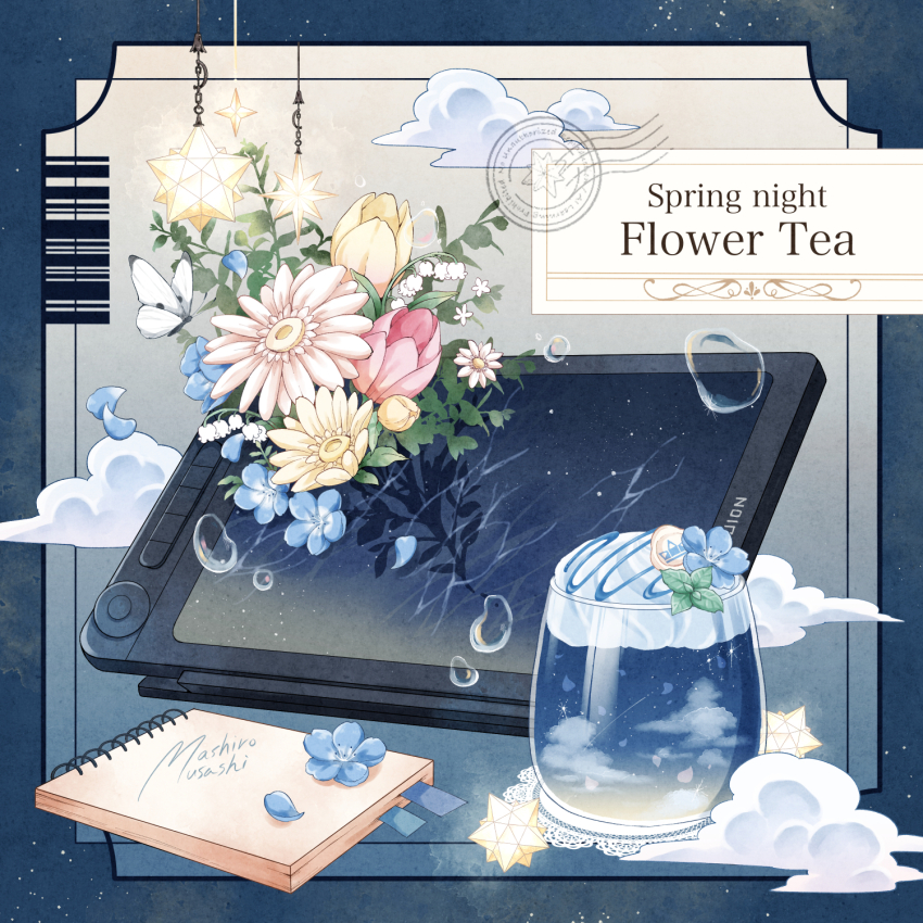 artist_name barcode blue_border blue_flower border bubble bug butterfly cloud cup drawing_tablet drinking_glass english_text flower highres huion insect mashiro_musashi notebook original petals pink_flower signature spiral_notebook star_(symbol) white_butterfly white_flower yellow_flower