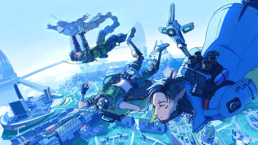 3boys \n/ absurdres animification apex_legends aviator_cap black_footwear black_gloves black_hair black_hat bodysuit boots building cable cropped_vest crypto_(apex_legends) fingerless_gloves floating_hair flying gloves goggles goggles_on_head green_bodysuit green_vest hack_(apex_legends) hat highres hologram in-universe_location jacket male_focus mechanical_legs mirage_(apex_legends) multiple_boys negio_(negi91_rb) non-humanoid_robot octane_(apex_legends) olympus_(apex_legends) robot spacecraft vest white_jacket