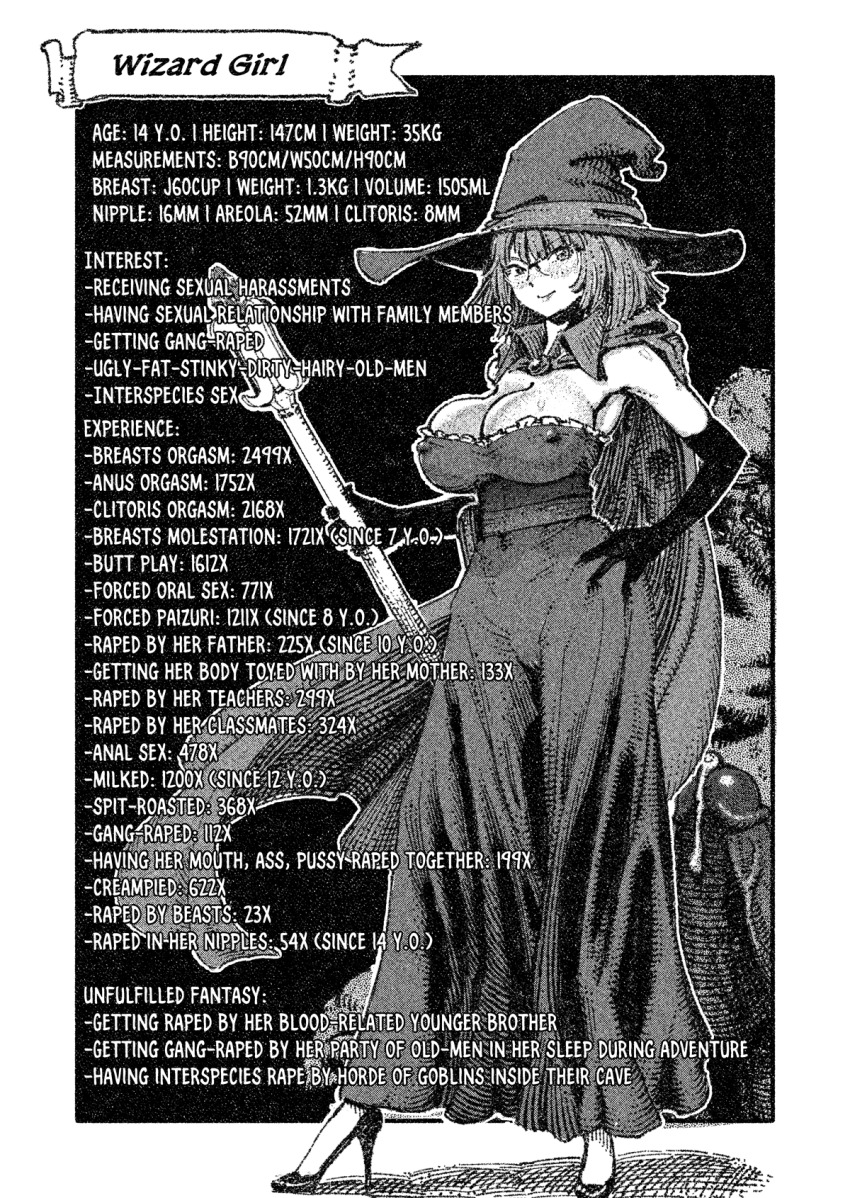 1girl blush breasts cape center_frills cleavage collar covered_erect_nipples cup_size dress female_pervert floating_clothes frills full_body glasses gloves goblin goblin_slayer! greyscale hand_on_own_hip hat hatching_(texture) high_heels highres large_breasts monochrome objectification penis pervert precum reference_sheet screentones short_hair staff standing strapless strapless_dress three_sizes witch_hat wizard_(goblin_slayer!)
