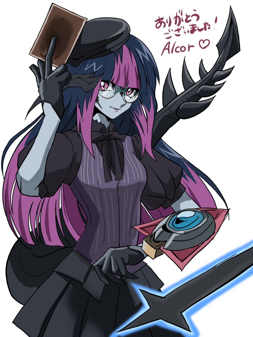 1girl au_ra between_fingers black_bow black_gloves black_hair black_hat black_horns black_scales black_shirt black_skirt black_tail bow card card_between_fingers colored_bangs colored_skin commission commissioner_name commissioner_upload deck_of_cards dragon_girl dragon_horns duel_disk final_fantasy final_fantasy_xiv glasses gloves grey_skin ha_maih hat highres holding holding_card horns multicolored_hair original pink_eyes purple_hair purple_vest round_eyewear shirt skeb_commission skirt tail thank_you trading_card vest white_background yu-gi-oh! yu-gi-oh!_arc-v