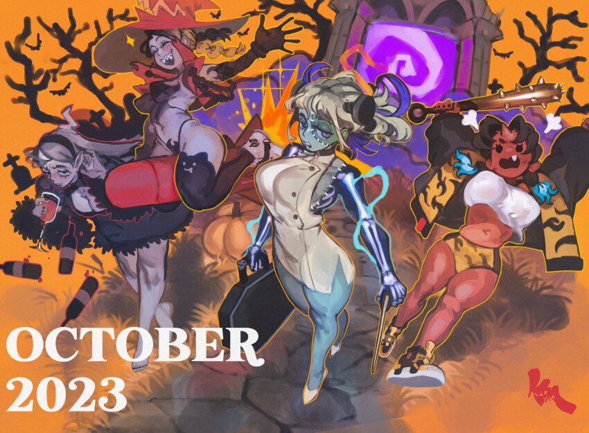 2023 4girls ^_^ absurdres alcohol alternate_costume alternate_species angry animal_print bare_legs bare_tree barefoot baroque_(keziedra) bikini black_bikini black_dress black_hair black_hairband black_nails black_thighhighs blonde_hair blue_hair blue_skin blush bottle braces braided_twintails breasts buruma cleavage cleavage_cutout closed_eyes clothing_cutout club club_(weapon) colored_skin colored_tips cosplay crop_top crop_top_overhang cropped_vest cup curtained_hair dress drink drinking_glass drunk electricity exposed_bone expressionless fangs fangs_out fingernails frankenstein&#039;s_monster frankenstein&#039;s_monster_(cosplay) from_above full_body fur-trimmed_sleeves fur_trim garlic_(keziedra) gate grass grey_skin hairband half-closed_eyes halloween halloween_costume hand_on_own_ear hand_up hat highres holding holding_club holding_cup holding_drink holding_weapon horns jacket keziedra large_breasts long_hair long_sleeves looking_at_viewer low_twintails missile multicolored_hair multiple_girls nail_polish navel object_through_head october oni open_clothes open_jacket open_mouth open_vest orange_background orange_outline original outdoors outline outstretched_arm outstretched_hand pale_skin parted_bangs pointy_ears portal_(object) puff_of_air puffy_long_sleeves puffy_sleeves pumpkin purple_eyes red_hat red_oni red_outline red_skin red_vest red_wine riding riding_rocket ringed_eyes screw_in_head see-through_body sharp_teeth shoes short_dress short_hair short_shorts shorts side_slit single_horn skin-covered_horns sleeveless sleeveless_dress smile sneakers solid_circle_eyes sparkle spiked_club standing stitched_face stitches swimsuit tank_top tapioca_(keziedra) teeth thighhighs tiger_print toenail_polish toenails tombstone tree twintails two-tone_hair undead upper_teeth_only v-shaped_eyebrows vampire vest walking weapon white_dress white_tank_top wine wine_bottle wine_glass witch witch_hat yellow_outline