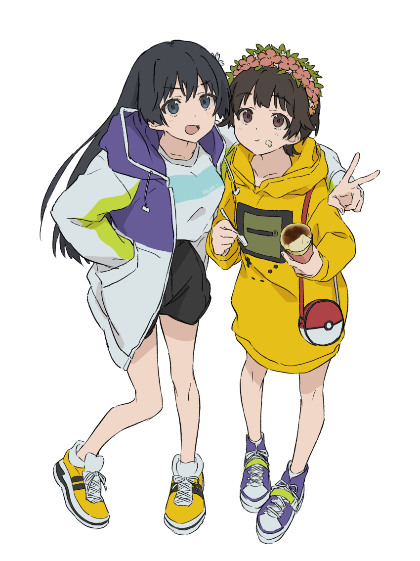 2girls :d :t absurdres alternate_costume arm_around_back black_eyes black_hair black_shorts breasts brown_eyes brown_hair clothes_writing coat flat_chest flower food food_on_face full_body grey_shirt hair_flower hair_ornament hand_in_pocket head_wreath highres holding holding_food holding_spoon hood hood_down hoodie long_hair looking_at_viewer medium_breasts multiple_girls open_mouth pink_flower purple_coat purple_footwear saten_ruiko shirt shoes short_hair shorts simple_background smile sneakers spoon standing teruya_(6w6y) toaru_kagaku_no_railgun toaru_majutsu_no_index uiharu_kazari v white_background white_flower yellow_hoodie yellow_shoes