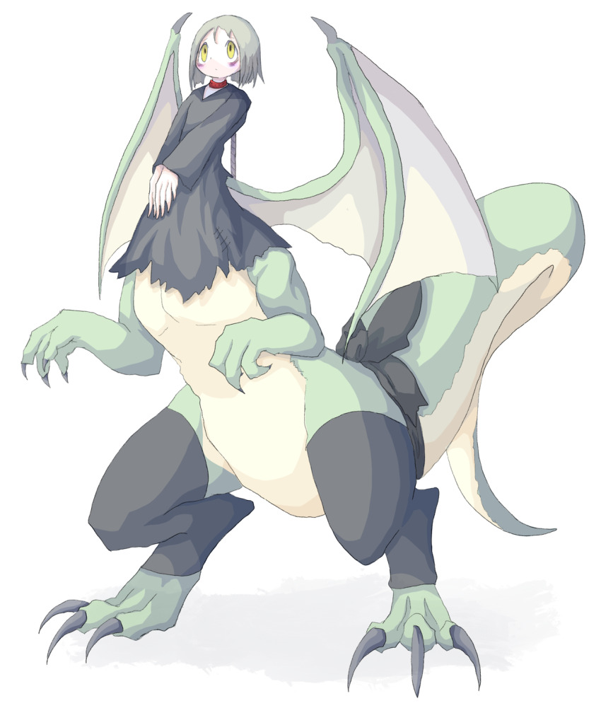 1girl 4138 animal_collar bags_under_eyes black_bow black_dress bow centauroid claws collar commentary dragon_girl dragon_tail dragon_wings dress full_body green_hair highres long_sleeves monster_girl original short_hair simple_background solo standing tail tail_bow tail_ornament taur white_background wings yellow_eyes