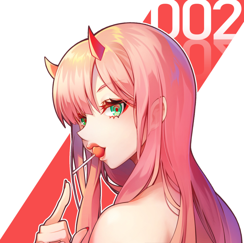 10s 1girl bare_shoulders candy chepill darling_in_the_franxx female_focus food green_eyes highres horns long_hair looking_at_viewer looking_back mouth_hold pink_hair simple_background solo upper_body white_background zero_two_(darling_in_the_franxx)