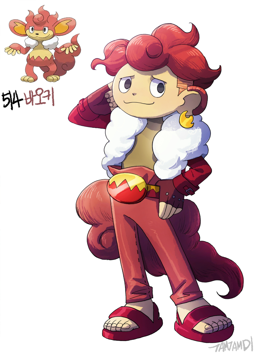 1boy brown_shirt closed_mouth commentary_request creature_and_personification curly_hair earrings finger_in_ear fingerless_gloves full_body gen_5_pokemon gloves highres jacket jewelry long_hair looking_at_viewer nintendo pants personification pokemon pokemon_(creature) red_hair red_jacket red_pants reference_inset sandals shirt simisear simple_background studded_gloves tamtamdi thumb_in_beltline toenails translated undercut very_long_hair white_background