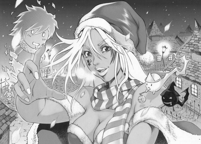 1girl 1other achon breasts cheek_tattoo christmas cleavage commentary_request dark-skinned_female dark_skin fingernails ghost greyscale hat heirozoist high_wizard_(ragnarok_online) highres house lamppost large_breasts lips long_hair looking_at_viewer lude_(ragnarok_online) monochrome open_mouth pom_pom_(clothes) quve_(ragnarok_online) ragnarok_online reaching reaching_towards_viewer santa_hat scarf smile striped_clothes striped_scarf stuffed_animal stuffed_rabbit stuffed_toy tattoo triangular_headpiece upper_body