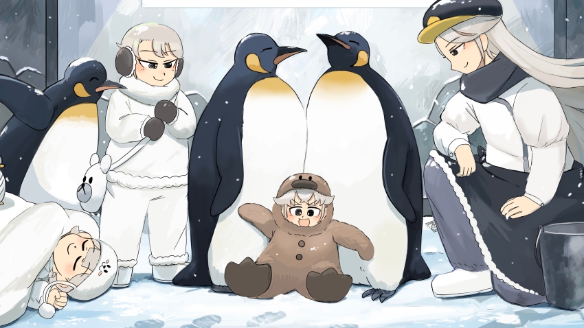 4girls absurdres aged_down animal_costume bag bear bird black_skirt brown_mittens bucket commentary diva_(hyxpk) donut_stamp duck earmuffs english_commentary grey_hair hat highres jacket king_penguin long_hair mittens mother_and_daughter multiple_girls pants penguin_costume penguin_hat penguin_keeper_(diva) polar_bear polar_bear_keeper_(diva) polar_keepers&#039;_mother_(diva) seal_keeper_(diva) short_hair shoulder_bag skirt white_jacket white_pants zoo zookeeper zookeepers_(diva)