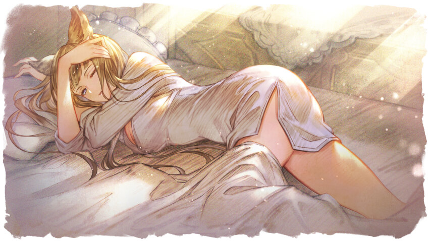 1girl absurdres animal_ears arm_up ass blanket blonde_hair blunt_bangs breasts cleavage curtains erune from_behind granblue_fantasy granblue_fantasy_versus:_rising hair_spread_out highres large_breasts light_particles long_hair lying messy_hair metera_(granblue_fantasy) minaba_hideo official_art on_side one_eye_closed oversized_clothes oversized_shirt purple_eyes shirt sleepy sleeves_rolled_up solo sunlight sunrise thighs third-party_source under_covers waking_up white_shirt