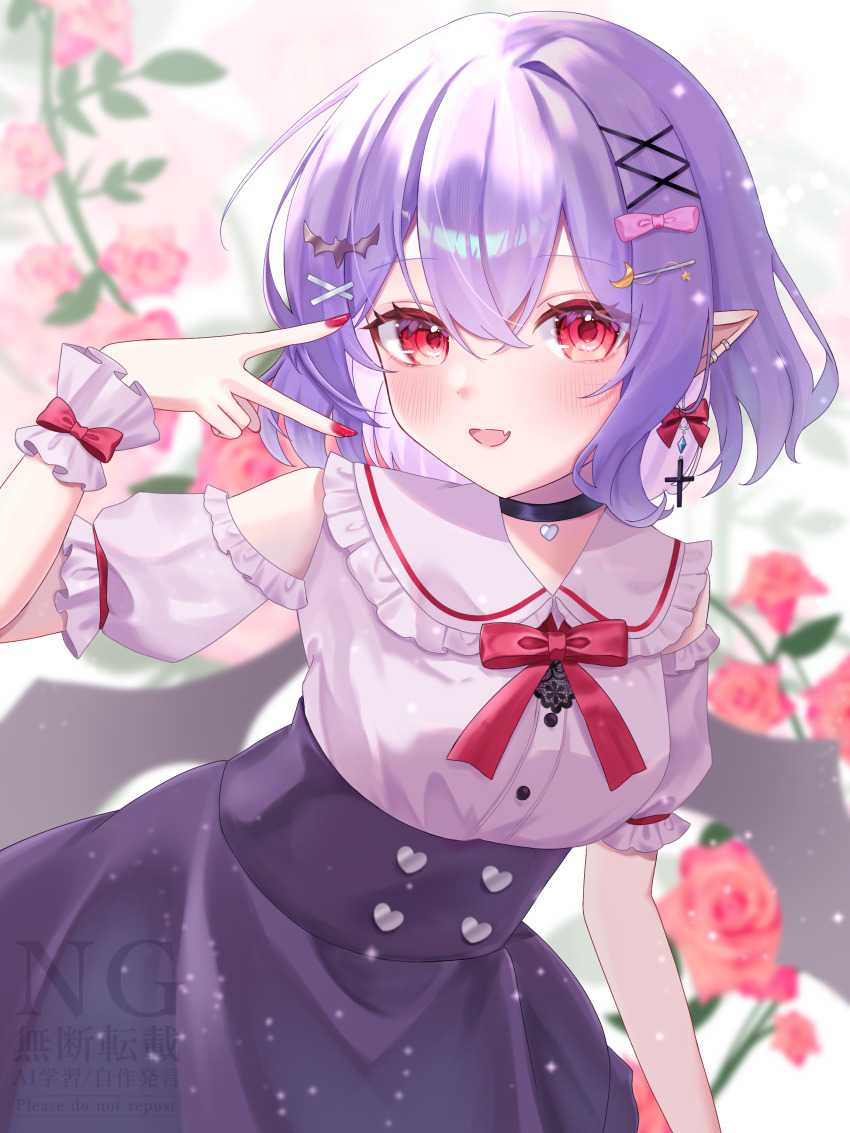 1girl :d absurdres alternate_costume bat_hair_ornament bat_wings black_skirt bow bowtie collared_shirt commentary_request cross cross_earrings earrings fang flower frilled_sailor_collar frills hair_ornament highres jewelry light_blush looking_at_viewer open_mouth pointy_ears puffy_short_sleeves puffy_sleeves red_bow red_bowtie red_eyes red_flower red_nails red_rose remilia_scarlet rose sailor_collar shirt short_sleeves skin_fang skirt skirt_set smile solo touhou v white_shirt wings wrist_cuffs x_hair_ornament yogiri_miri