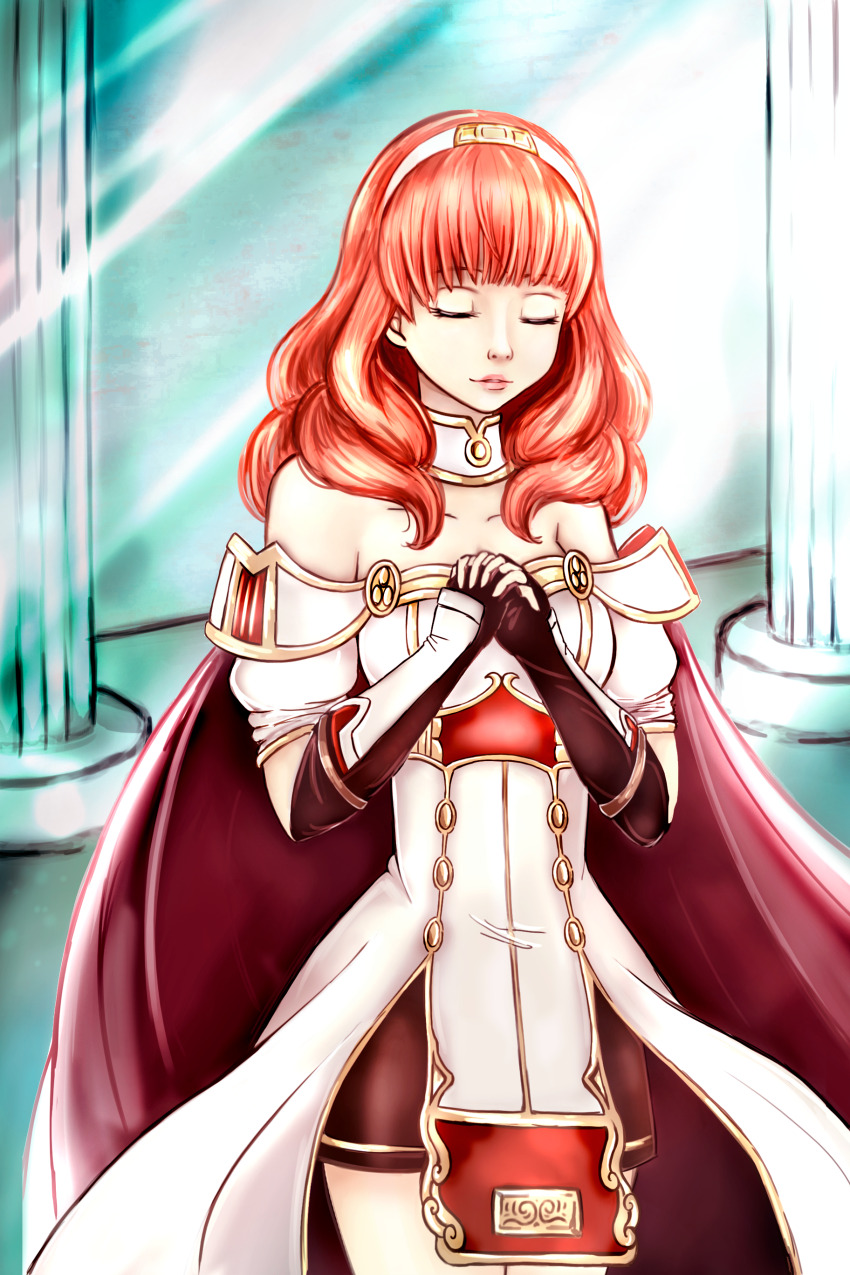 1girl absurdres armor black_gloves black_skirt breastplate cape celica_(fire_emblem) choker closed_eyes dress fingerless_gloves fire_emblem fire_emblem_echoes:_shadows_of_valentia gloves highres long_hair nintendo orange_hair own_hands_clasped own_hands_together pillar praying priestess princess red_hair skirt solo temple tiara tinydragonart white_armor white_dress