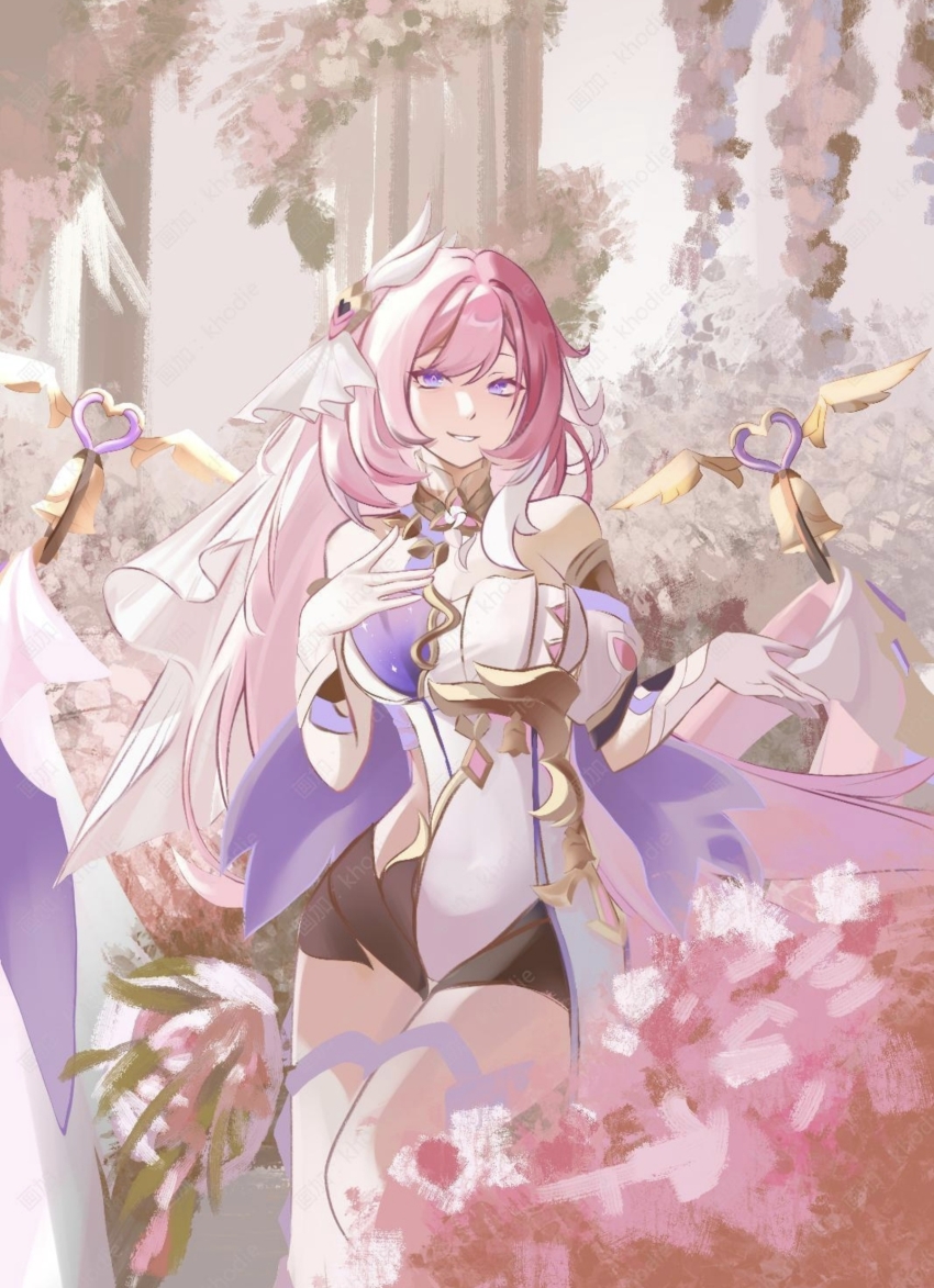 1girl absurdres bell black_shorts breasts chinese_commentary commentary_request corset diamond-shaped_pupils diamond_(shape) elysia_(herrscher_of_human:_ego)_(honkai_impact) elysia_(honkai_impact) field flower flower_field gloves highres honkai_(series) honkai_impact_3rd khodie large_breasts long_hair parted_lips pink_hair purple_eyes short_shorts shorts smile solo symbol-shaped_pupils thighs veil very_long_hair white_corset white_gloves white_veil