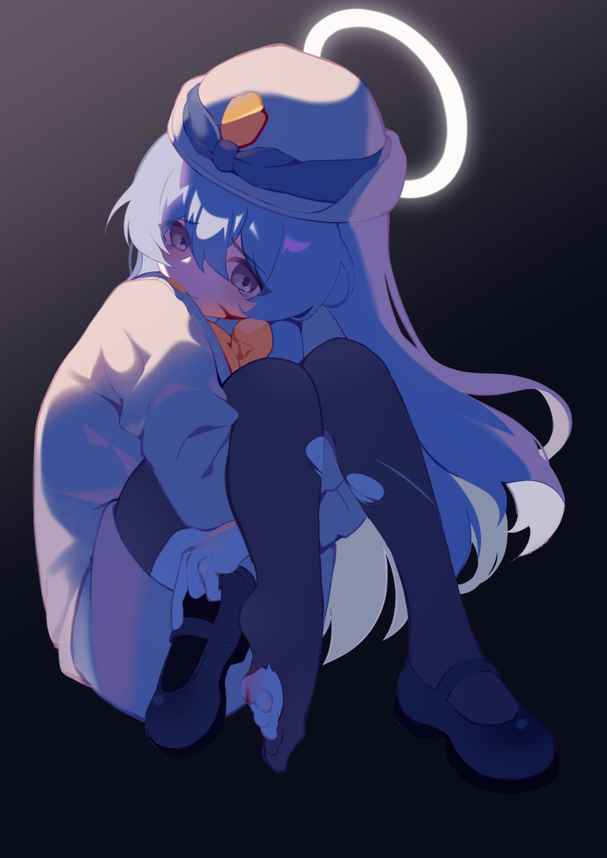1girl absurdres black_pantyhose black_shoes blood blue_archive closed_mouth extra full_body grey_eyes grey_hair grey_hat hair_between_eyes halo hat highres injury long_hair long_sleeves pantyhose shoes solo tears teoskyrios torn_clothes torn_pantyhose