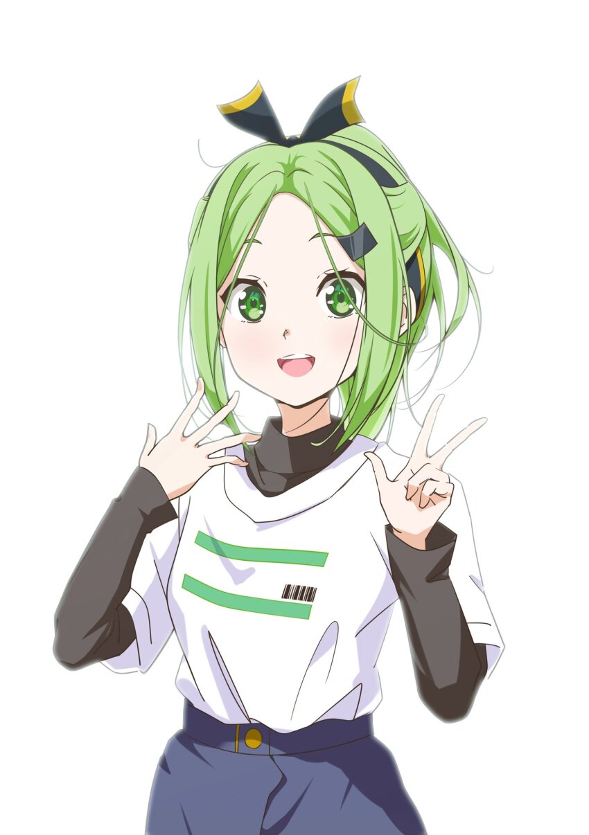1girl 22/7 :d black_undershirt blue_pants bow bow_hairband cowboy_shot green_eyes green_hair hair_bow hair_ornament hairband hairclip half_updo high_ponytail highres kiryu_touko layered_sleeves long_sleeves looking_at_viewer matsubokkurin227 open_mouth pants parted_bangs ponytail shirt shirt_under_shirt short_over_long_sleeves short_sleeves simple_background smile solo teeth two-tone_bow two-tone_hairband upper_teeth_only w white_background white_shirt