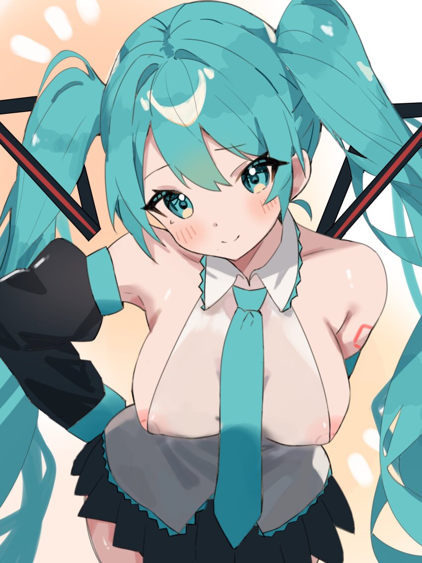 1girl aqua_eyes aqua_hair aqua_necktie black_skirt black_sleeves blush breasts coco_irasuto detached_sleeves gradient_background grey_shirt hatsune_miku highres long_hair medium_breasts necktie nipple_slip nipples number_tattoo orange_background shirt sideboob skirt smile solo tattoo thighs twintails very_long_hair vocaloid white_background