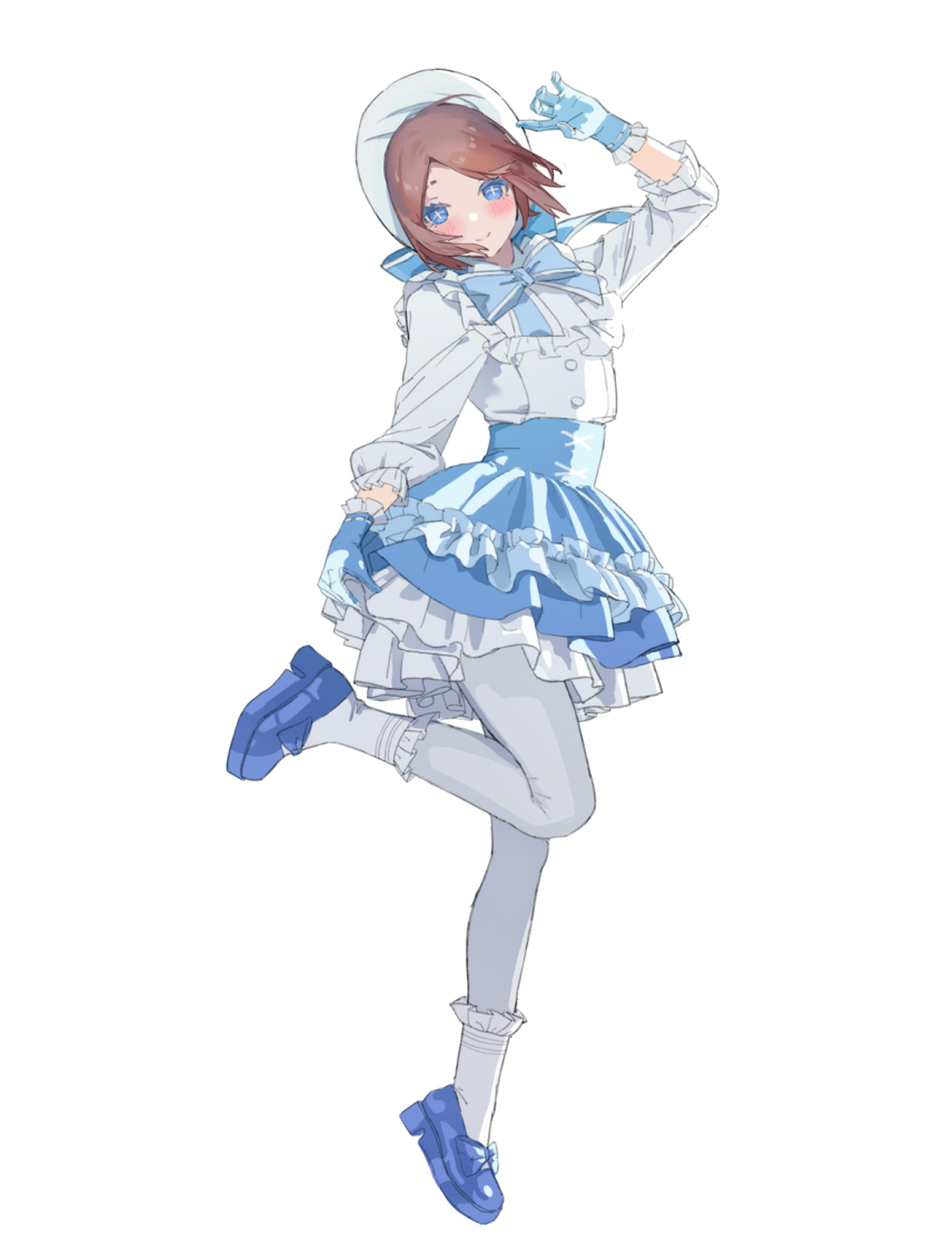 1girl arm_up blue_bow blue_bowtie blue_eyes blue_gloves blue_shoes blush bonnet bow bowtie brown_hair closed_mouth commentary_request cross-shaped_pupils dress emma_woods emma_woods_(boudoir_dream) footwear_bow frilled_dress frilled_gloves frilled_sleeves frilled_socks frills full_body gloves grey_pantyhose hat hat_ribbon highres identity_v layered_dress leg_up light_smile looking_at_viewer pantyhose parted_bangs ribbon shoes simple_background socks solo symbol-shaped_pupils tang_sanjiao two-tone_dress white_background white_socks