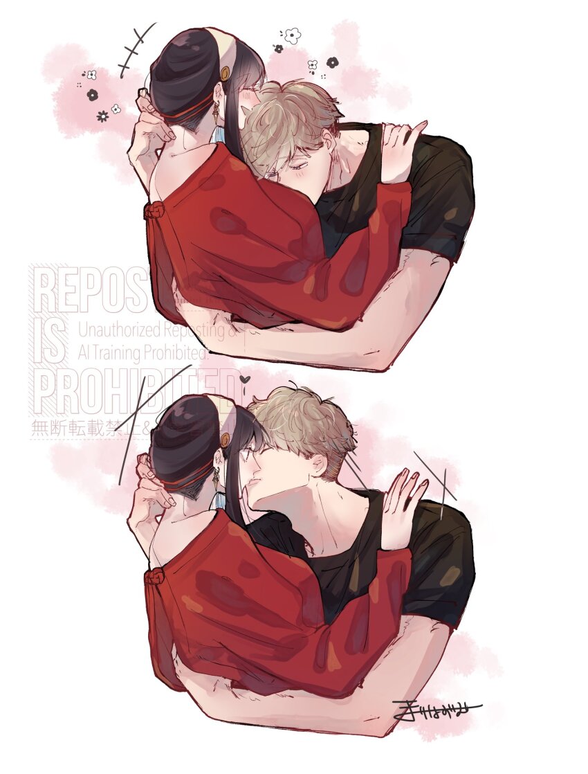 1boy 1girl arm_around_back between_breasts black_hair black_shirt blonde_hair blush breasts closed_eyes couple cropped_torso dress earrings face_between_breasts gold_earrings hairband hand_in_another&#039;s_hair head_between_breasts hetero highres jewelry kiss laughing long_hair long_sleeves medium_breasts off-shoulder_sweater off_shoulder red_dress shirt short_hair short_sleeves sidelocks signature spy_x_family sweater sweater_dress twilight_(spy_x_family) umini_ikukara updo upper_body white_background white_hairband wide-eyed yor_briar
