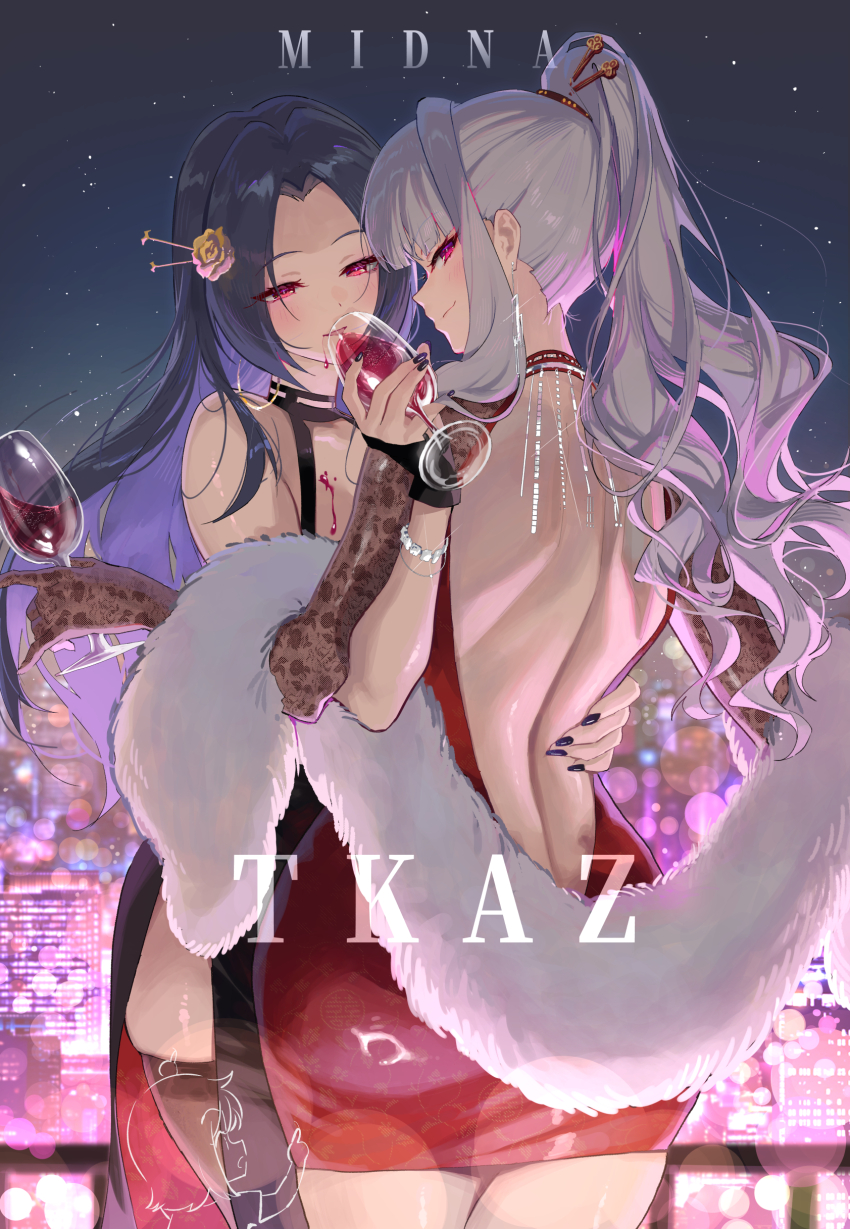 2girls absurdres alcohol artist_name backless_dress backless_outfit black_dress black_hair blurry blush bokeh brown_thighhighs commentary cup depth_of_field dress drinking_glass earrings evening_gown fingerless_gloves fingernails forehead fur_shawl gloves grey_hair highres holding holding_cup hoop_earrings idolmaster idolmaster_(classic) jewelry long_hair median_furrow midnamana miura_azusa multiple_girls nail_polish night night_sky ponytail red_dress see-through_clothes see-through_sleeves shawl shijou_takane sky smile star_(sky) straight_hair symbol-only_commentary thighhighs very_long_hair wine wine_glass