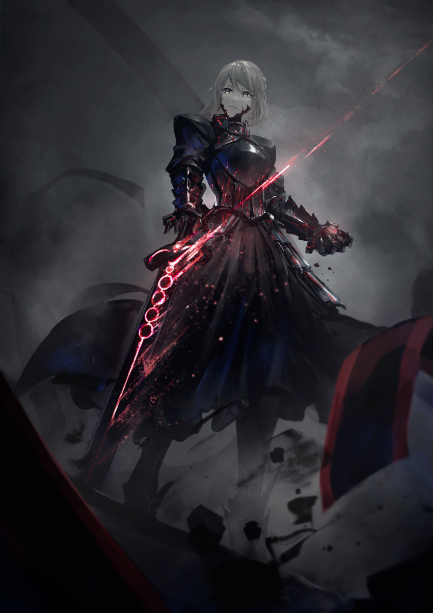1girl armor armored_dress artoria_pendragon_(fate) black_armor black_dress blonde_hair braid closed_mouth commentary corruption dark_knight dark_persona dress excalibur_morgan_(fate) fate/stay_night fate_(series) fuyukono gauntlets heaven&#039;s_feel highres holding holding_sword holding_weapon pale_skin planted planted_sword planted_weapon saber_alter saber_alter_(second_ascension) short_hair sidelocks solo sword weapon yellow_eyes