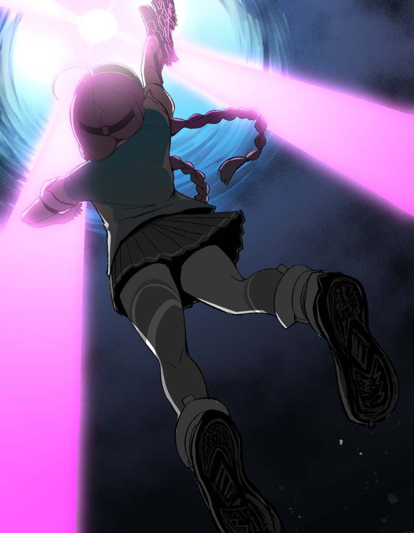 1girl ahoge braid date_akari from_below hair_ornament hand_up heaven_burns_red highres jumping kenpi_(hs-totyu) long_hair multicolored_hair purple_hair skirt sportswear tennis_uniform twin_braids visor_cap