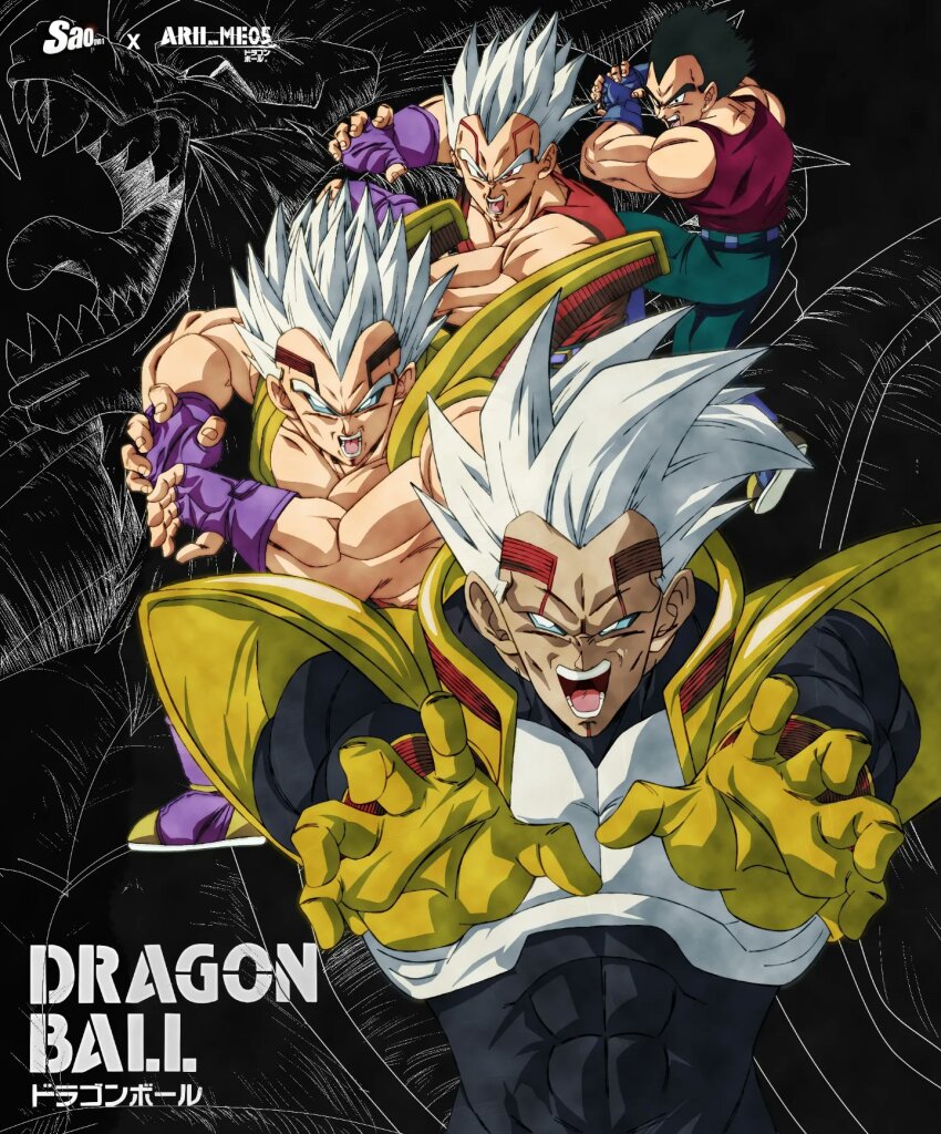 1boy arii_me05 baby_(dragon_ball) baby_vegeta black_hair blue_eyes bodysuit dragon_ball dragon_ball_gt facial_mark gloves golden_oozaru grey_hair highres looking_at_viewer male_focus muscular muscular_male open_mouth pants parasite pectorals possessed saiyan spiked_hair super_saiyan teeth vegeta veiny_face white_hair yellow_gloves