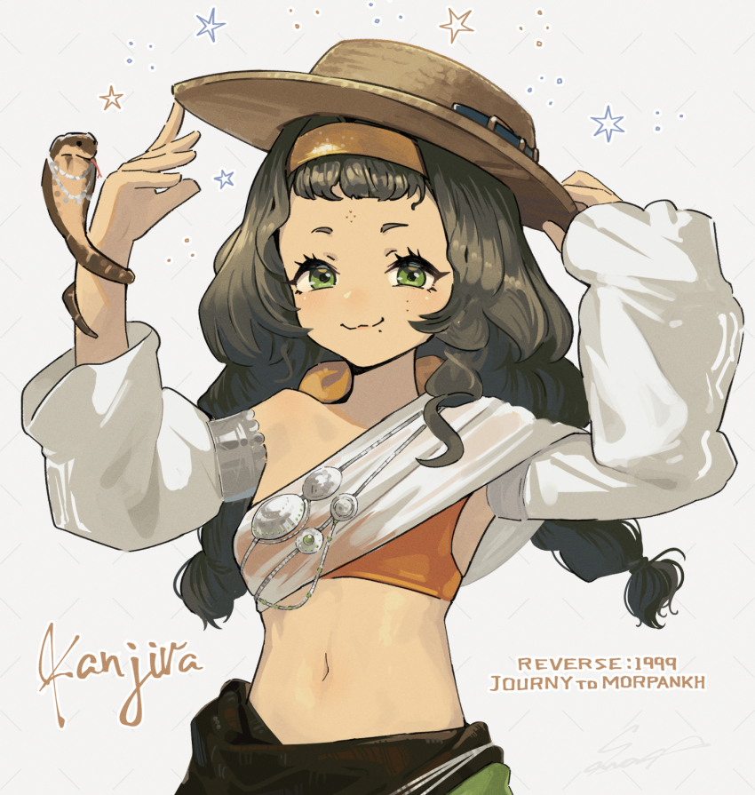 1girl :3 animal_on_arm black_hair braid breasts character_name closed_mouth copyright_name crop_top detached_sleeves eyelashes facial_mark forehead_mark green_eyes grey_background hairband hands_on_headwear hands_up hat highres jewelry kanjira long_hair looking_at_viewer midriff mole mole_above_eye mole_under_eye mole_under_mouth reverse:1999 sash sawasa shoulder_sash small_breasts smile snake sparkle straw_hat twin_braids twintails upper_body white_sleeves