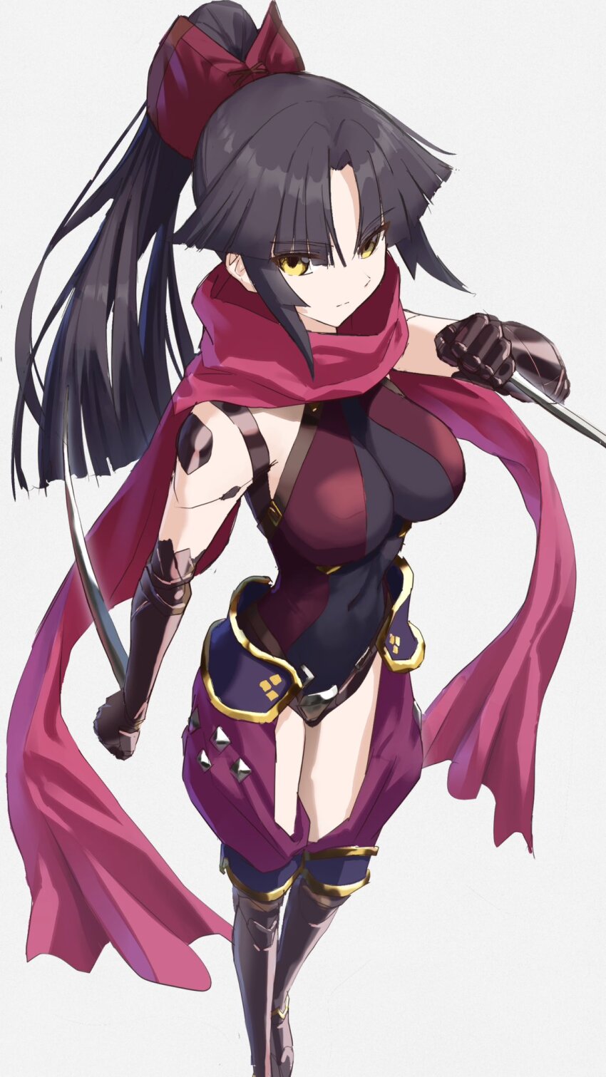 1girl arm_blade black_hair breasts fate/grand_order fate_(series) highres joints kamo_ashi katou_danzou_(fate) large_breasts ninja ponytail robot_joints weapon yellow_eyes
