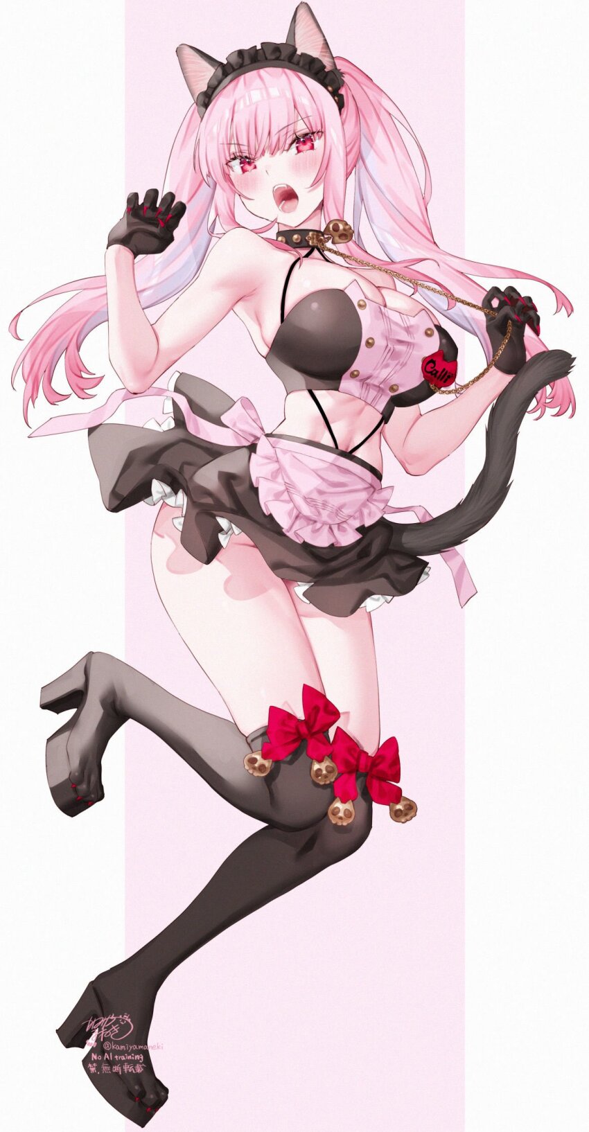 1girl animal_ears apron black_bustier black_collar black_gloves black_skirt black_socks black_tail blush bow bow_legwear breasts cat_ears chain chain_leash claw_pose claws collar commentary fangs frilled_apron frills full_body gloves groin high_heels highres hololive hololive_english kamiya_maneki kneehighs large_breasts leash long_hair looking_at_viewer maid maid_apron maid_headdress mori_calliope name_tag open_mouth pink_apron pink_background pink_bow pink_bustier pink_claws pink_eyes pink_hair signature skirt skull_collar socks solo teeth thighs twintails twitter_username two-tone_background virtual_youtuber waist_apron