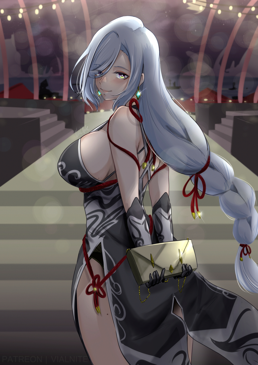 1girl absurdres arms_behind_back bag black_bodysuit blue_eyes bodysuit braid breasts china_dress chinese_clothes chinese_knot clothing_cutout cowboy_shot dress earrings elbow_gloves genshin_impact gloves grey_hair hair_over_one_eye handbag highres jewelry large_breasts long_hair looking_at_viewer low-braided_long_hair low-tied_long_hair mixed-language_commentary night night_sky shenhe_(genshin_impact) shoulder_cutout sideboob sky smile stairs thigh_cutout vialnite water