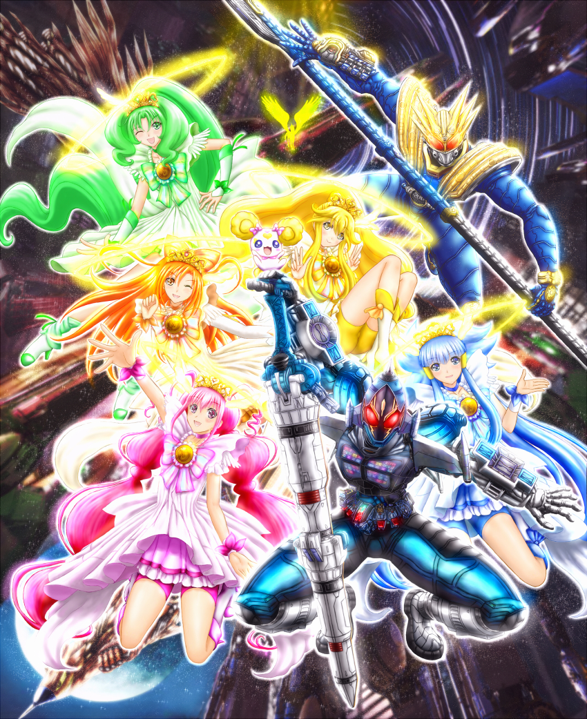 10s 2boys 5girls absurdres aoki_reika baunzel belt bike_shorts blonde_hair blue_eyes blue_hair blue_skirt blush bow bow-shaped_hair broom candy_(smile_precure!) cure_beauty cure_beauty_(princess_form) cure_happy cure_happy_(princess_form) cure_march cure_march_(princess_form) cure_peace cure_peace_(princess_form) cure_peace_pose cure_sunny cure_sunny_(princess_form) double_v dress green_eyes green_hair hair_bow hair_flaps hair_tubes highres hino_akane_(smile_precure!) hoshizora_miyuki kamen_rider kamen_rider_fourze kamen_rider_fourze_(series) kamen_rider_meteor kise_yayoi long_hair mask midorikawa_nao multiple_boys multiple_girls one_eye_closed open_mouth orange_dress orange_eyes orange_hair pink_bow pink_eyes pink_hair pink_skirt precure princess_form_(smile_precure!) rod shorts skirt smile smile_precure! sword tiara v weapon wink wrist_cuffs yellow_eyes yellow_shorts zan3key