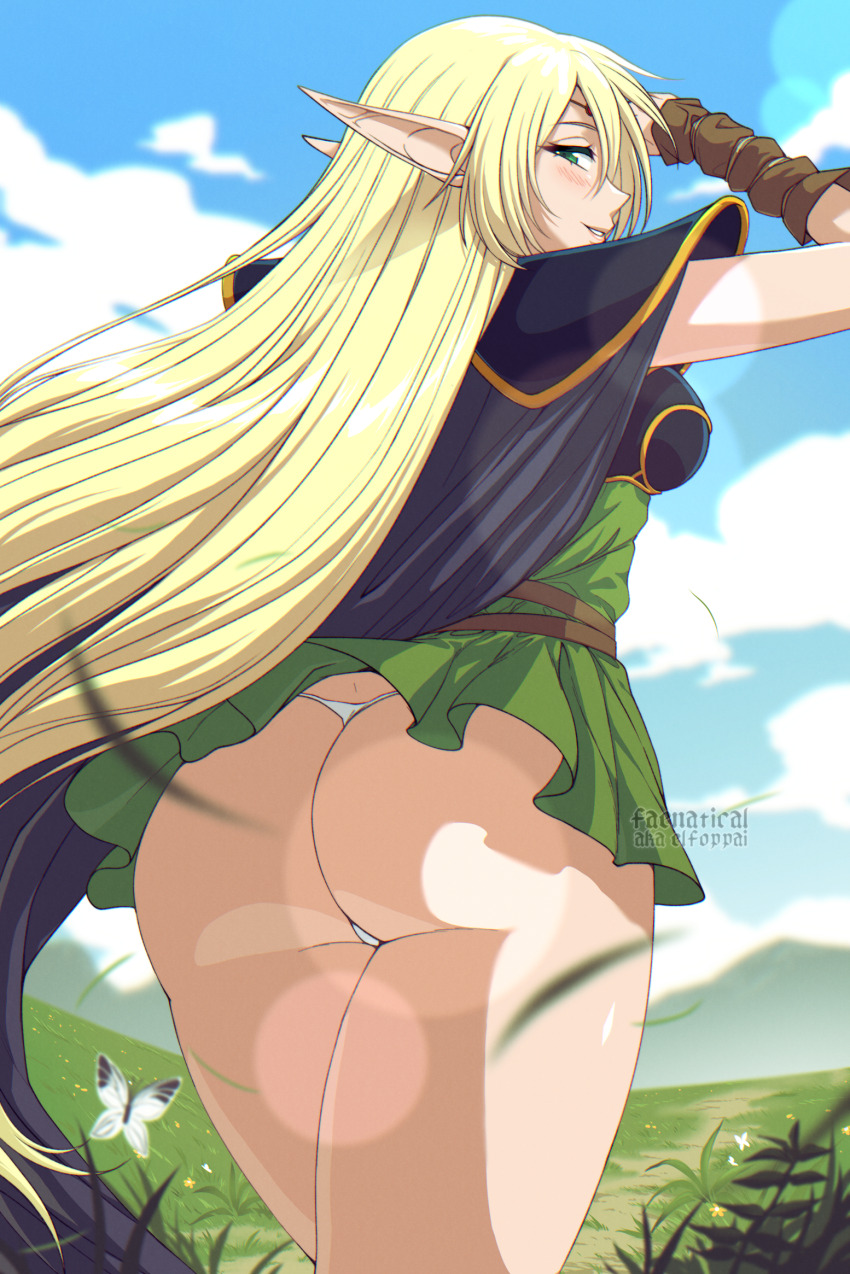 1girl armor artist_name ass blonde_hair blue_cape blue_sky blush breastplate bug butterfly cape circlet clothes_lift deedlit dress dress_lift elf faenatical green_eyes grin highres insect long_hair looking_at_viewer looking_back panties pantyshot pauldrons pointy_ears record_of_lodoss_war short_dress shoulder_armor sky smile solo thong underwear very_long_hair white_panties wind wind_lift