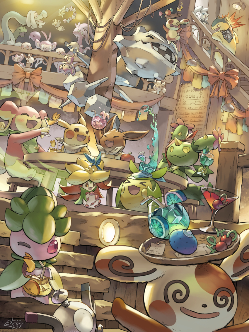absurdres aipom ambipom apple audino berry_(pokemon) blue_scarf chair cheri_berry comfey cup drampa drink eevee fomantis food fruit gen_1_pokemon gen_2_pokemon gen_3_pokemon gen_4_pokemon gen_5_pokemon gen_6_pokemon gen_7_pokemon gen_8_pokemon goodra gossifleur green_scarf happy highres holding holding_cup holding_food indoors juice lemon lemon_slice magnemite maractus meganium munna ninetales nintendo pikachu pokemon pokemon_mystery_dungeon pokemon_mystery_dungeon:_explorers_of_time/darkness/sky red_scarf scarf signature spinda stairs steelix swadloon table tavern typhlosion white_scarf wooden_chair wooden_table wooden_tray wooden_wall yamaori_(hakkentai_pokedan)