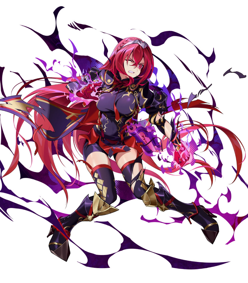 1girl aura black_cape braid breasts cape crown_braid dark_aura female_alear_(fell_dragon)_(fire_emblem) female_alear_(fire_emblem) female_alear_(red_days_past)_(fire_emblem) fire_emblem fire_emblem_engage fire_emblem_heroes gloves highres medium_breasts nintendo non-web_source red_cape red_eyes red_gloves red_hair solo thighhighs tiara two-sided_cape two-sided_fabric