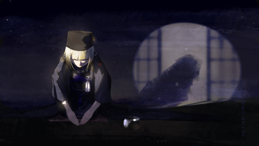 1girl absurdres black_hat black_kimono blonde_hair blunt_bangs bowing bowl chajinbou closed_eyes closed_mouth commentary_request crack_of_light dark_room facing_down fate/grand_order fate_(series) flower_knot full_body haori hat highres indoors japanese_clothes kimono light_particles long_sleeves medium_hair moon_gate obi obijime sash seiza sen_no_rikyu_(fate) sen_no_rikyu_(second_ascension)_(fate) shadow sitting solo tea_ceremony warabimochi_ori window_shadow