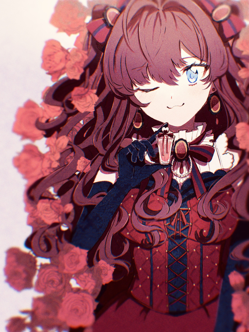 1girl :3 black_gloves blue_eyes bottle bow breasts dress earrings elbow_gloves film_grain flower gloves hair_between_eyes hair_bow hamachamu highres holding holding_bottle ichinose_shiki idol_clothes idolmaster idolmaster_cinderella_girls jewelry long_hair looking_at_viewer medium_breasts neck_ribbon one_eye_closed perfume_bottle red_bow red_dress red_flower red_hair red_ribbon red_rose ribbon rose solo two_side_up upper_body