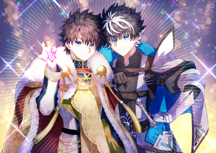 2boys aiguillette arm_at_side artist_name belt black_belt black_gloves black_hair black_shirt blue_cape blue_eyes blue_shirt cape charlemagne_(fate) charlemagne_(first_ascension)_(fate) cloak closed_mouth cowboy_shot dated fate/grand_order fate_(series) fujimaru_ritsuka_(male) fujimaru_ritsuka_(male)_(imperial_robe) fur-trimmed_cloak fur_trim gauntlets gloves gold_trim grin hair_between_eyes hand_on_own_hip hand_up highres jewelry long_sleeves looking_at_viewer male_focus multicolored_hair multiple_boys multiple_rings puffy_long_sleeves puffy_sleeves red_cloak renia_(xxx_wg_869) ring sheath sheathed shirt short_hair single_gauntlet smile sparkle striped_sleeves sword tassel twitter_username two-sided_cape two-sided_fabric two-tone_hair two-tone_shirt weapon white_cape white_hair white_shirt