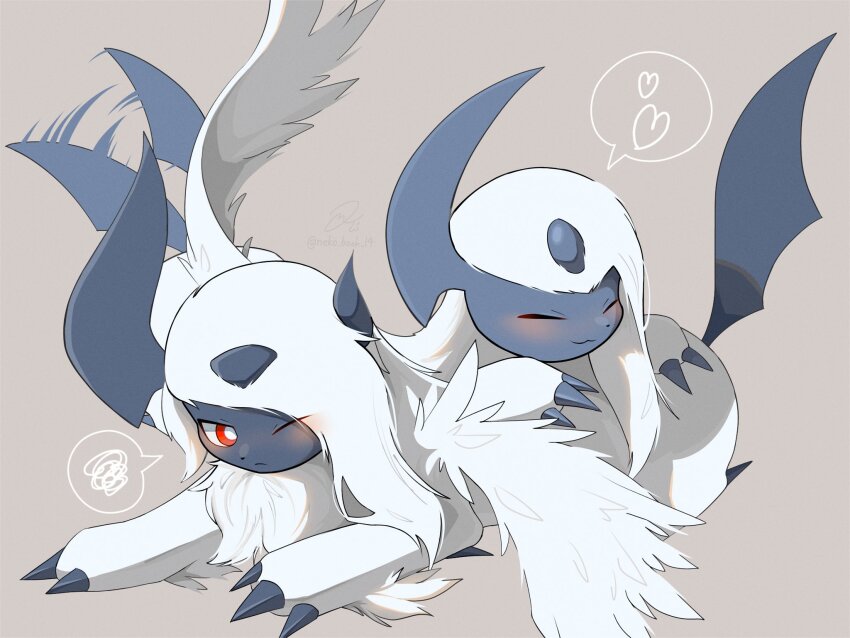 absol animal_focus bright_pupils claws closed_eyes closed_mouth feathered_wings gen_3_pokemon heart highres horns kashiwa_gnu mega_absol mega_pokemon nintendo no_humans pokemon pokemon_(creature) red_eyes simple_background single_horn smile white_hair white_pupils wings