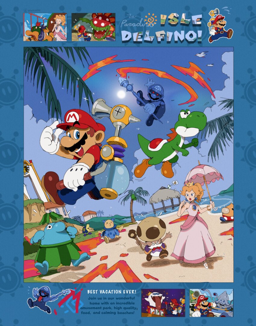 absurdres beach bendedede blonde_hair blue_eyes blue_overalls blue_sky bowser_jr. brown_hair cloud colored_skin day delfino_plaza dress earrings egg f.l.u.d.d. facial_hair flying_sweatdrops full_body gloves gooper_blooper green_skin hat highres holding holding_paintbrush holding_umbrella in-universe_location jewelry king_boo long_hair looking_at_viewer magic_paintbrush_(mario) male_focus mario mario_(series) multiple_boys mustache nintendo overalls paint paintbrush palm_tree panicking pants petey_piranha pianta pink_dress pink_umbrella ponytail princess_peach princess_peach_(sunshine) red_hat red_shirt shadow_mario shirt shoes shore short_hair short_sleeves sky slot_machine smile sparkle sphere_earrings standing super_mario_sunshine toadsworth tree umbrella water white_gloves yellow_skin yoshi yoshi_egg