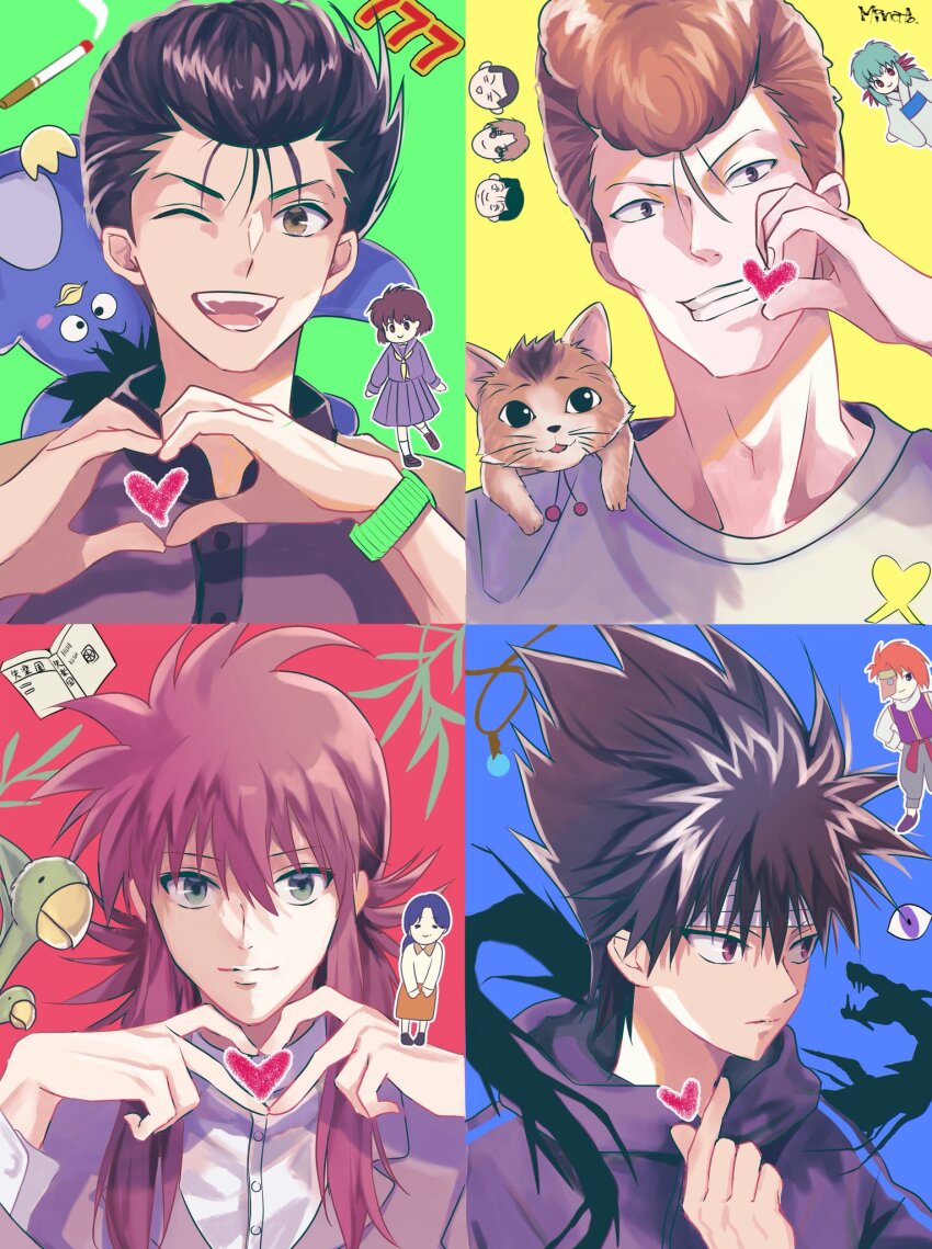 4boys animal animal_on_shoulder bird black_hair black_shirt bracelet brown_eyes cat cigarette collared_shirt commentary dragon green_eyes hair_between_eyes hair_intakes hands_up heart heart_hands hiei_(yu_yu_hakusho) highres jacket jewelry kurama_(yu_yu_hakusho) kuwabara_kazuma looking_at_viewer looking_to_the_side male_focus minato_x3710 multiple_boys one_eye_closed orange_hair parrot penguin plant pompadour red_jacket shadow shirt symbol-only_commentary t-shirt turtleneck upper_body urameshi_yusuke white_shirt yukimura_keiko yukina_(yu_yu_hakusho) yuu_yuu_hakusho