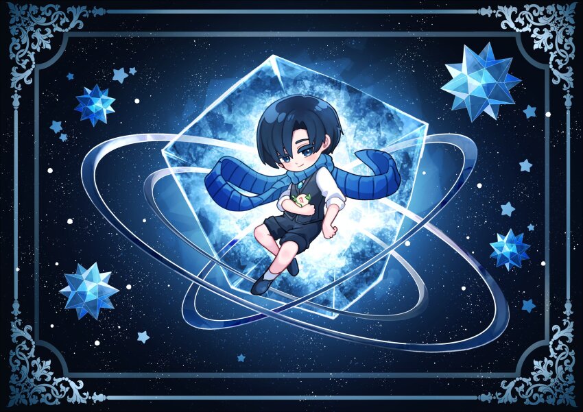1boy black_hair black_shoes black_shorts black_vest blue_eyes blue_scarf closed_mouth demian_(project_moon) dimensional_order_stabilizer floating gredell_elle highres limbus_company long_sleeves looking_at_viewer parted_bangs project_moon scarf shirt shoes shorts sky smile solo star_(sky) starry_sky stellated_octahedron vest white_shirt