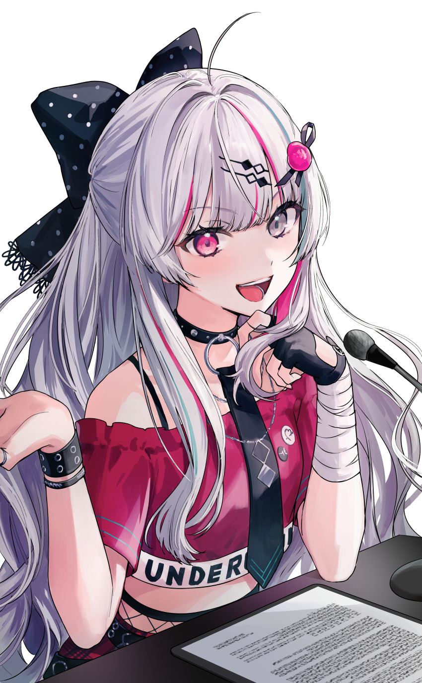 1girl absurdres bandages blunt_bangs collar commentary_request cropped_shirt grey_eyes grey_hair hair_ornament hair_ribbon hairpin heterochromia highres ishigami_nozomi ishigami_nozomi_(1st_costume) looking_at_viewer nijisanji o-ring open_mouth pink_eyes pink_hair pink_shirt ribbon shirt simple_background solo teeth tone_haruma transparent_background virtual_youtuber