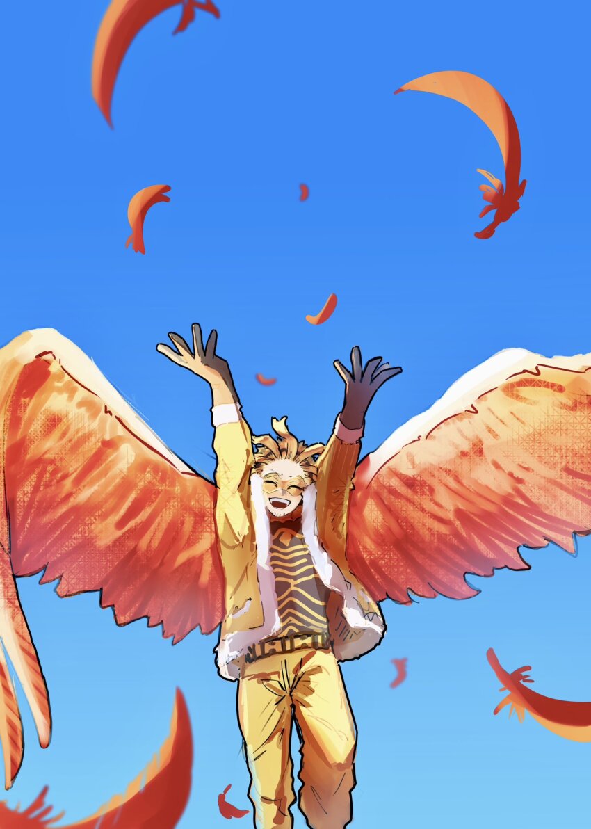 1boy arms_up bayg_hkos belt black_gloves blonde_hair blue_sky boku_no_hero_academia commentary_request facial_hair falling_feathers feathered_wings feathers feet_out_of_frame floating_hair fur-trimmed_jacket fur-trimmed_sleeves fur_trim gloves goatee hawks_(boku_no_hero_academia) highres jacket male_focus open_mouth orange_wings pants patterned_clothing shirt short_hair sky smile solo superhero_costume teeth tinted_eyewear upper_teeth_only white_fur wings yellow-tinted_eyewear yellow_belt yellow_pants