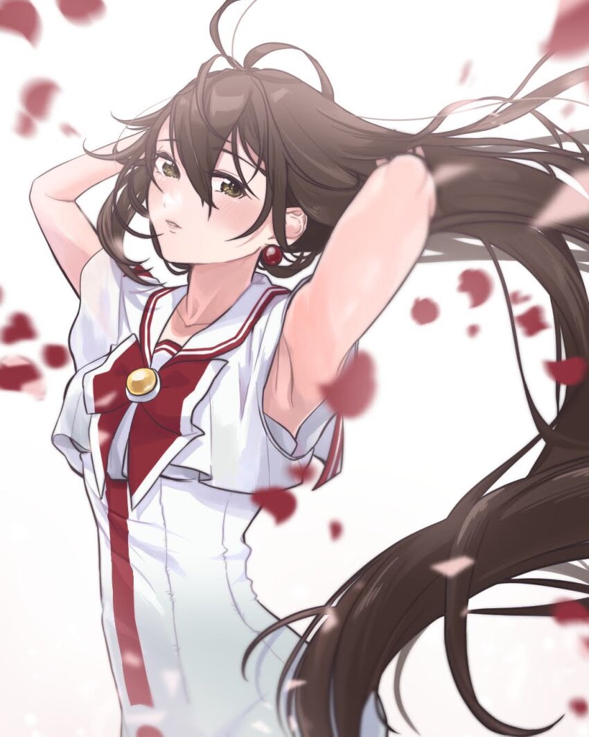 1girl akira_ferrari aogirism aria_(manga) armpits arms_up blush bow bowtie brown_eyes brown_hair collarbone commentary_request dress earrings eyelashes falling_petals floating_hair hair_between_eyes highres himeya_company_uniform jewelry long_hair looking_at_viewer parted_lips petals print_dress red_bow red_bowtie solo standing very_long_hair white_dress