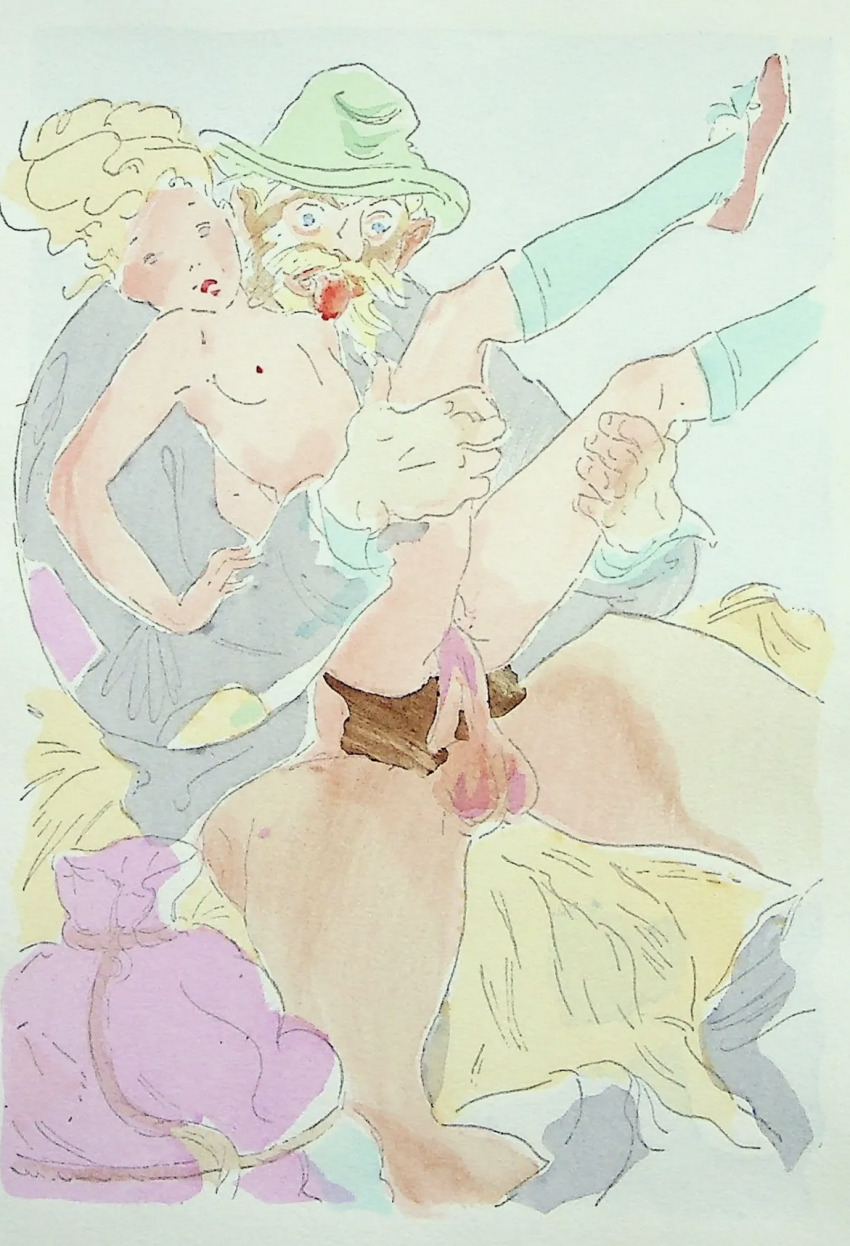 1boy 1girl age_difference artist_request beard blonde_hair blush bottomless facial_hair flat_chest girl_on_top hat hetero homeless kneehighs licking loli mary_janes nipples old old_man original sex shoes sketch socks tagme uncensored