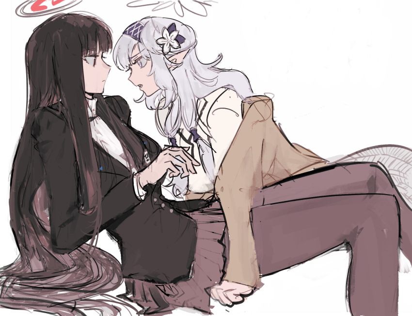 2girls absurdres black_hair black_suit blue_archive blunt_bangs formal_clothes hairband halo highres himari_(blue_archive) multiple_girls pantyhose pointy_ears purple_hairband rio_(blue_archive) she_(morianosu) simple_background suit white_background white_hair yuri