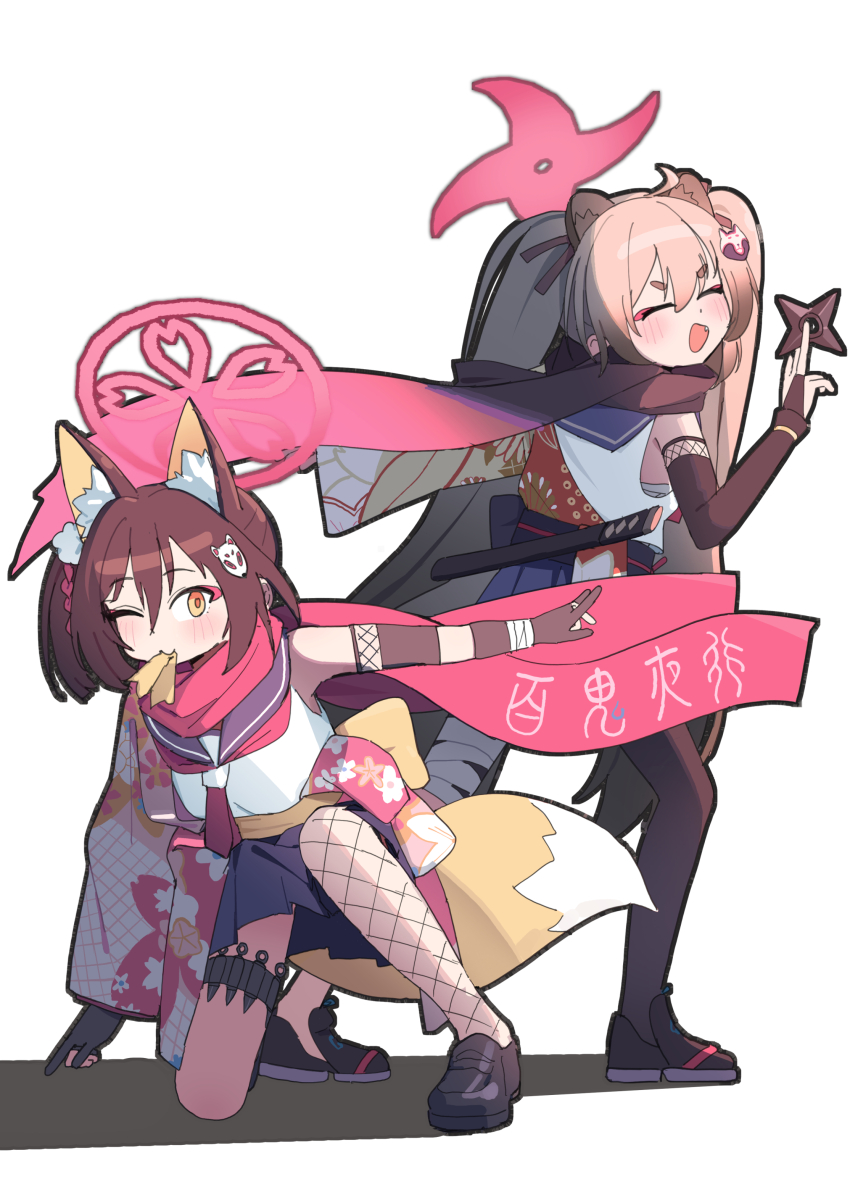 2girls absurdres adon_(dufaladanidu) animal_ear_fluff animal_ears black_gloves black_scarf black_shoes blue_archive blue_skirt bridal_gauntlets brown_hair closed_eyes extra_ears fox_ears fox_girl fox_hair_ornament fox_tail gloves grey_hair hair_between_eyes hair_ornament halo highres izuna_(blue_archive) long_hair long_sleeves looking_at_viewer michiru_(blue_archive) mouth_hold multiple_girls neckerchief on_one_knee one_eye_closed open_mouth partially_fingerless_gloves pink_halo pink_scarf pom_pom_(clothes) pom_pom_hair_ornament raccoon_ears raccoon_hair_ornament red_neckerchief scarf shirt shoes simple_background skirt smile standing tail twintails very_long_hair white_background white_shirt yellow_eyes