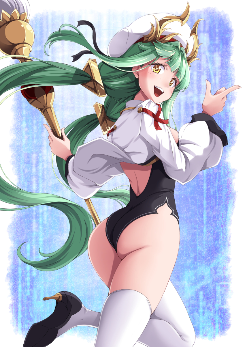 1girl :d ass azur_lane black_leotard black_shoes cross-shaped_pupils from_behind giant_brush green_hair high_heels highres holding holding_brush horned_hat leotard long_hair looking_at_viewer looking_back low_twintails open_mouth paintbrush raffaello_(azur_lane) shiruppo shoes shrug_(clothing) smile solo symbol-shaped_pupils thighhighs twintails very_long_hair white_hair white_shrug white_thighhighs x_x yellow_eyes