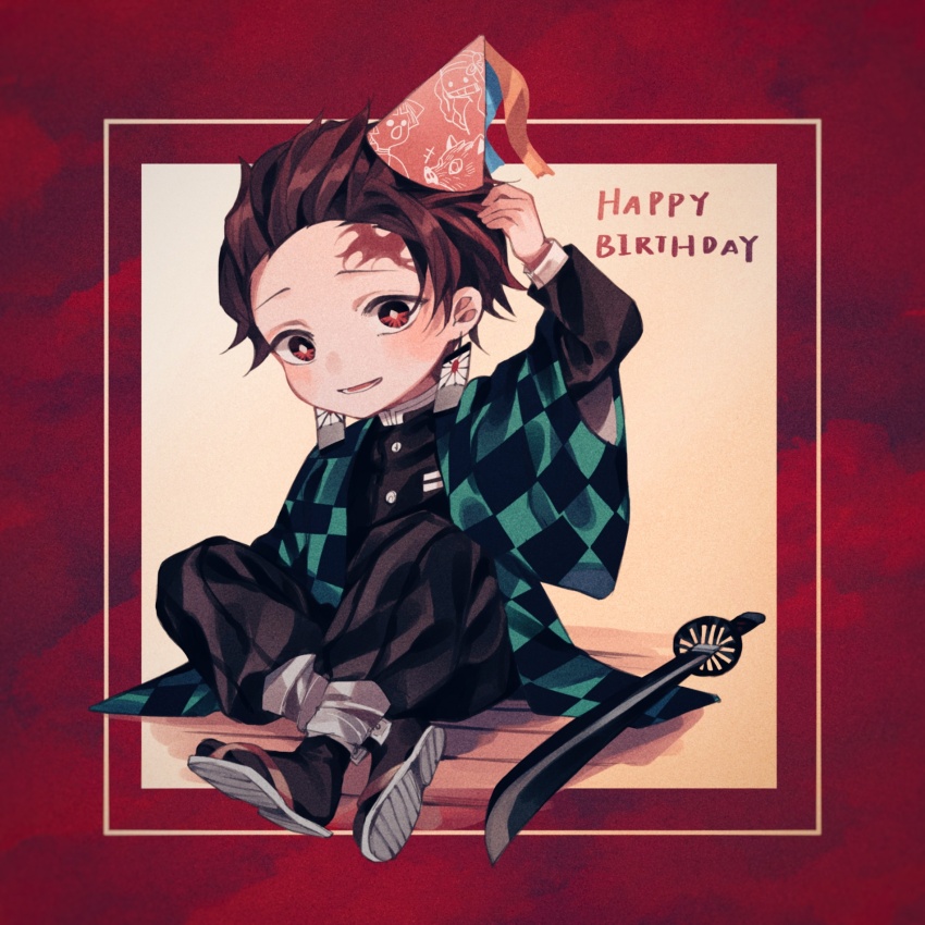 1boy agatsuma_zenitsu amo_(amo_0514) black_haori black_jacket black_pants black_socks border bright_pupils brown_hair checkered_haori commentary_request crossed_ankles deformed demon_slayer_uniform earrings facial_mark forehead_mark full_body green_haori hanafuda_earrings hand_up haori happy_birthday hashibira_inosuke hat highres inset_border jacket japanese_clothes jewelry kamado_nezuko kamado_tanjirou katana kimetsu_no_yaiba knees_up long_sleeves looking_at_viewer lower_teeth_only male_focus mandarin_collar on_floor open_mouth outside_border pants party_hat pink_hat raised_eyebrows red_border red_eyes sandals short_hair sitting smile socks solo sword tabi teeth tilted_headwear weapon white_background white_border white_pupils white_sandals wooden_floor zouri