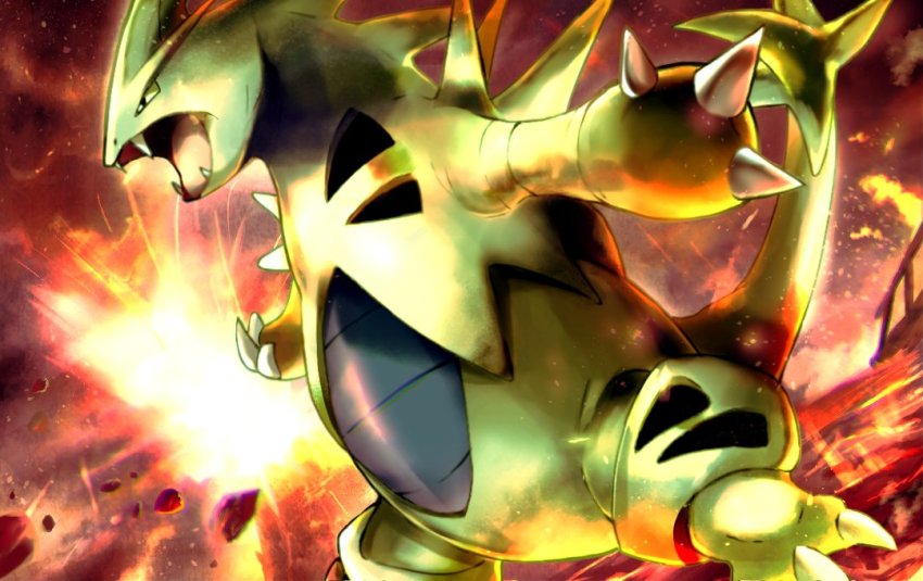 bad_id bad_twitter_id claws commentary_request dark_sky fangs gen_2_pokemon lava nintendo no_humans open_mouth outdoors pokemon pokemon_(creature) pokemon_focus rowdon solo standing tail tongue tyranitar