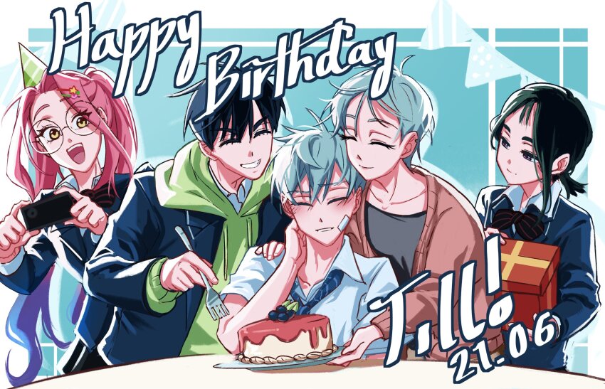 2boys 3girls alien_stage birthday birthday_cake black_hair black_shirt blue_hair blue_jacket blue_necktie brown_cardigan cake cardigan cellphone character_name closed_eyes collared_shirt commentary dated english_commentary food fork gift glasses green_hoodie grey_hair happy_birthday hat highres holding holding_fork holding_gift holding_phone hood hoodie io_(alien_stage) ivan_(alien_stage) jacket jacket_over_hoodie kuradrawings long_hair low_ponytail mizi_(alien_stage) multicolored_hair multiple_boys multiple_girls necktie official_alternate_costume open_mouth party_hat phone pink_hair ponytail purple_eyes round_eyewear school_uniform shirt short_hair smartphone smile sua_(alien_stage) till_(alien_stage) two-tone_hair very_long_hair very_short_hair white_shirt yellow_eyes